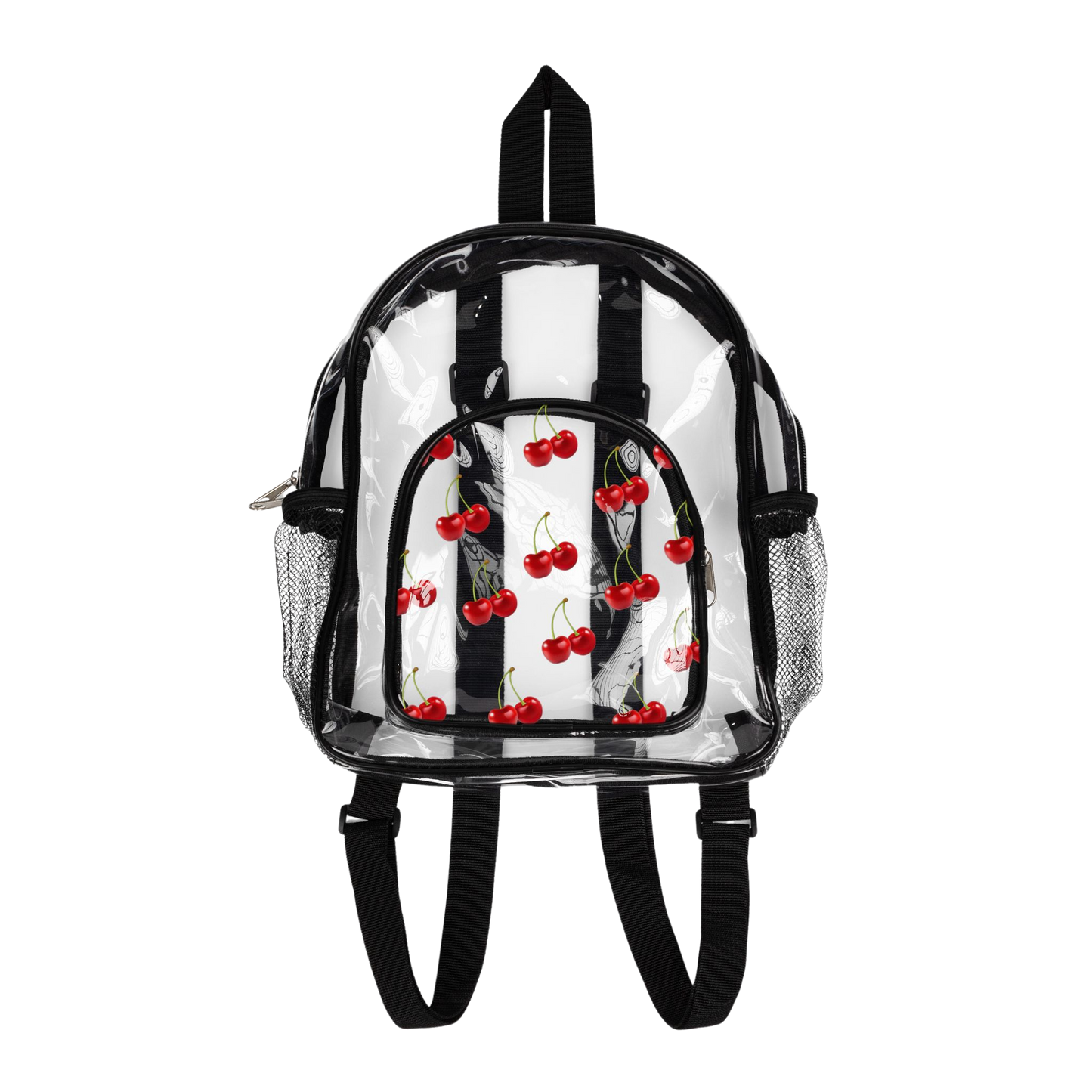 Clear backpack with cherry design on a white background