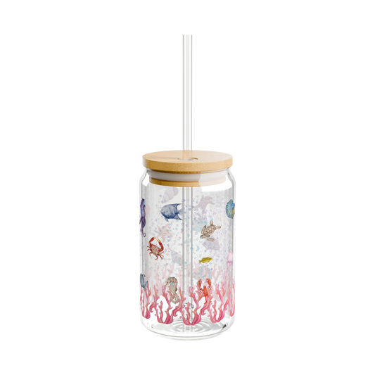Clear tumbler with underwater scene design, wooden lid, and straw slipper glass ocean vibes animals acuatic