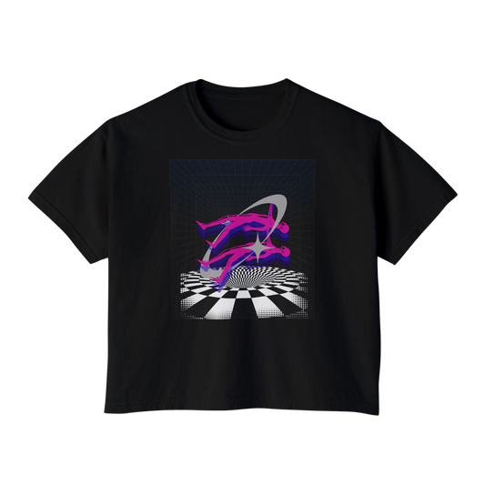 Black t-shirt with a colorful graphic design futuristic trascending realities