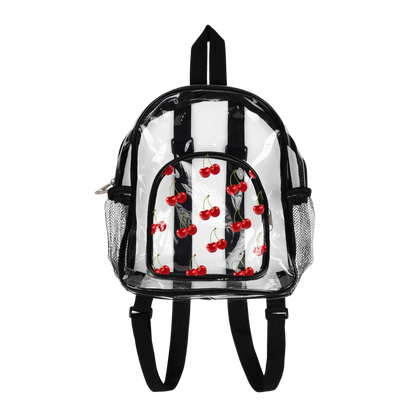 Clear backpack with cherry design on a white background