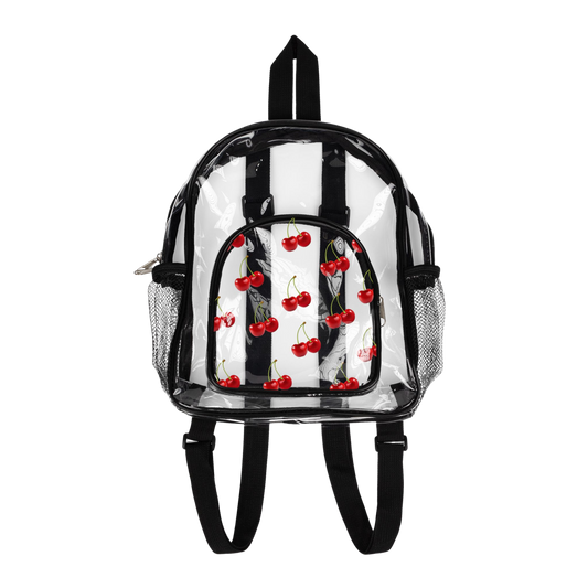 Clear backpack with cherry design on a white background