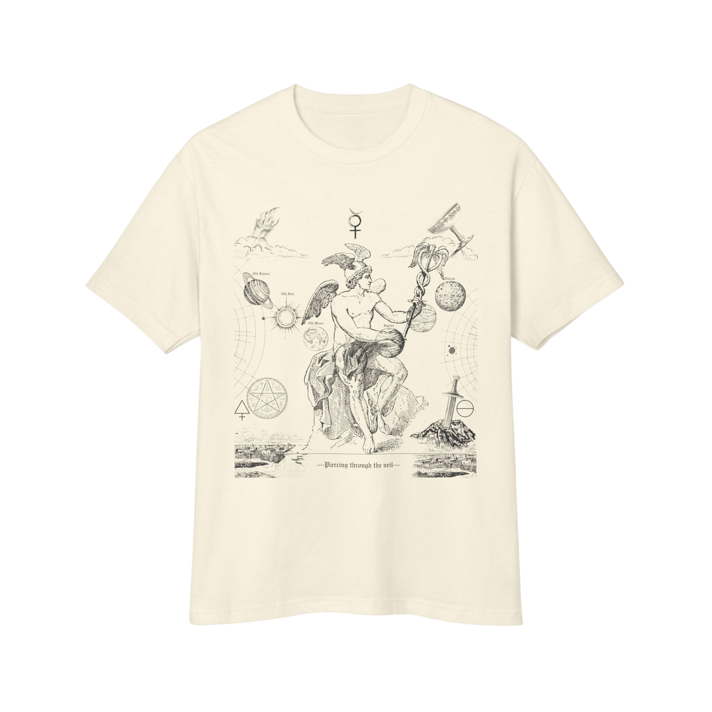 Beige t-shirt with black vintage-style graphic design - astrology celestial mythology unisex gifts for astrology lovers