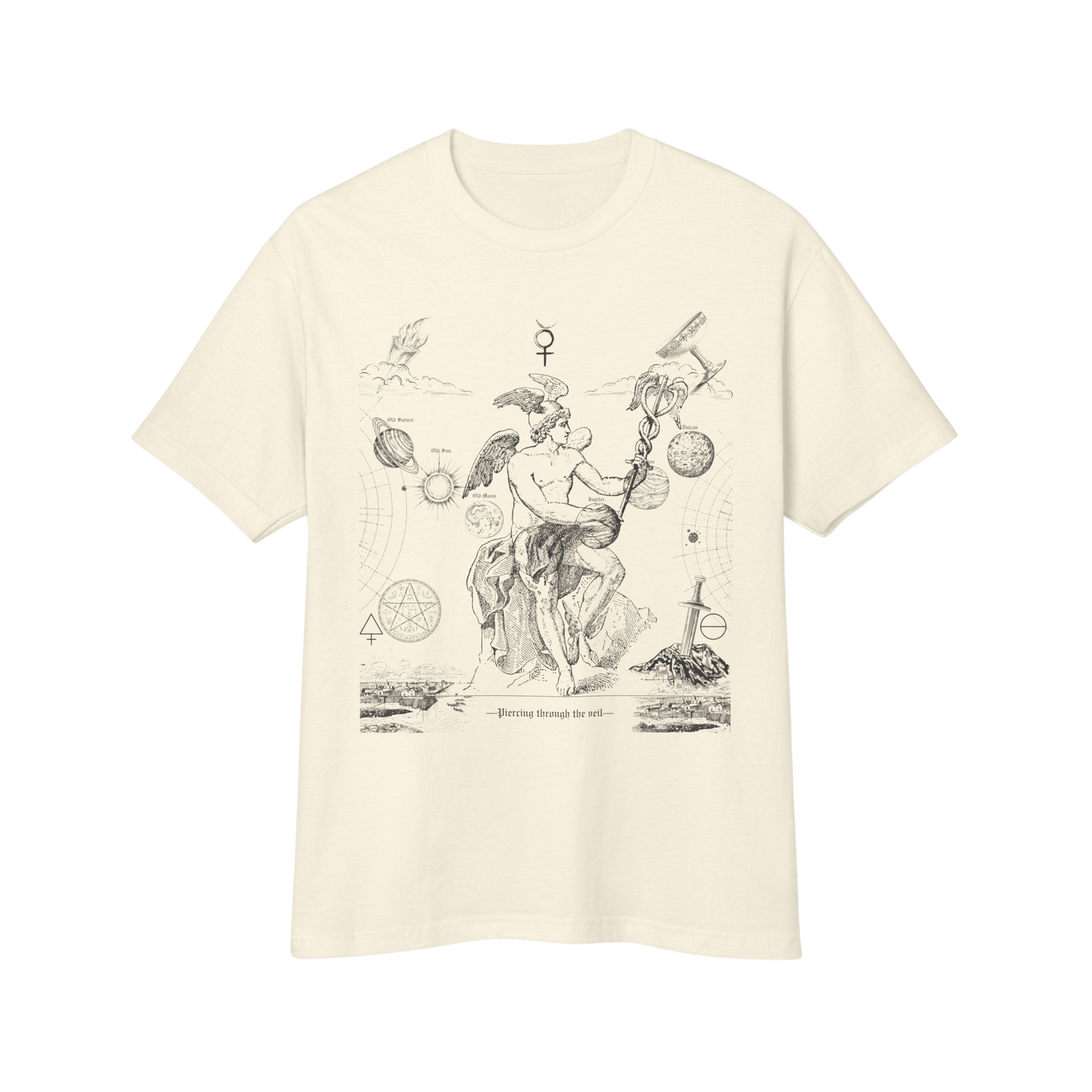 Beige t-shirt with black vintage-style graphic design - astrology celestial mythology unisex gifts for astrology lovers