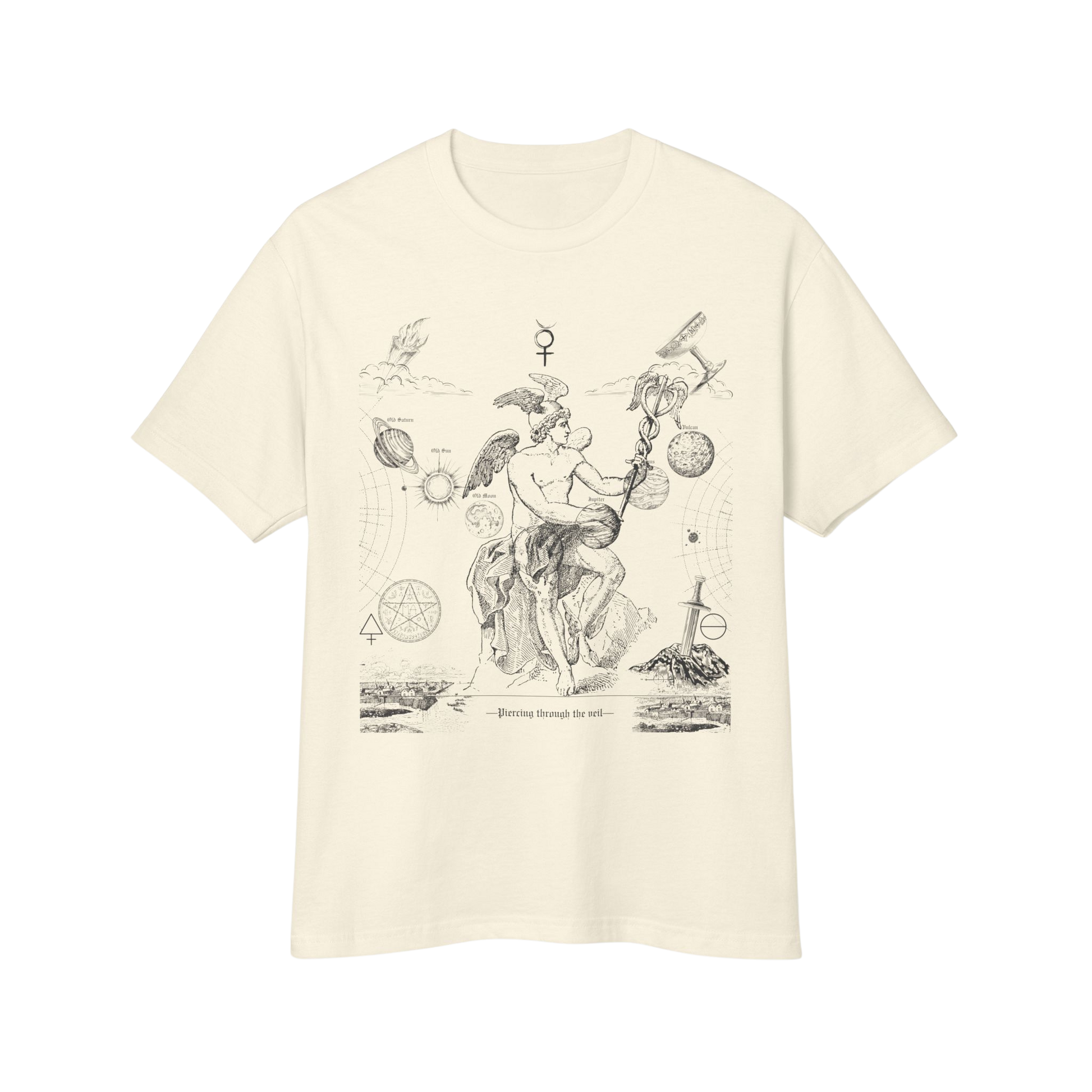 Beige t-shirt with black vintage-style graphic design - astrology celestial mythology unisex gifts for astrology lovers