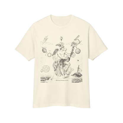 Beige t-shirt with black vintage-style graphic design - astrology celestial mythology unisex gifts for astrology lovers