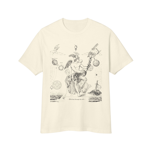 Beige t-shirt with black vintage-style graphic design - astrology celestial mythology unisex gifts for astrology lovers