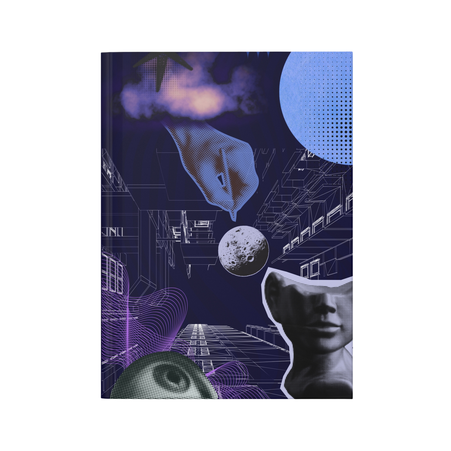 Abstract design with geometric shapes, faces, and celestial elements on a dark background notebook