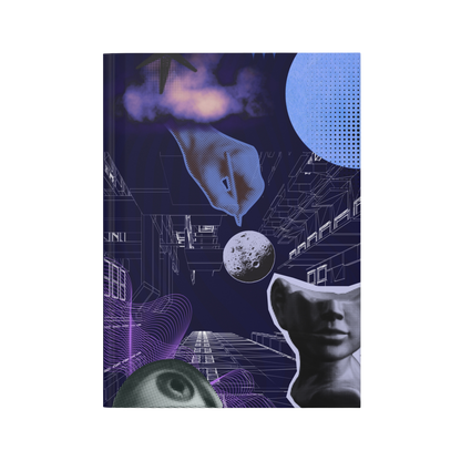 Abstract design with geometric shapes, faces, and celestial elements on a dark background notebook