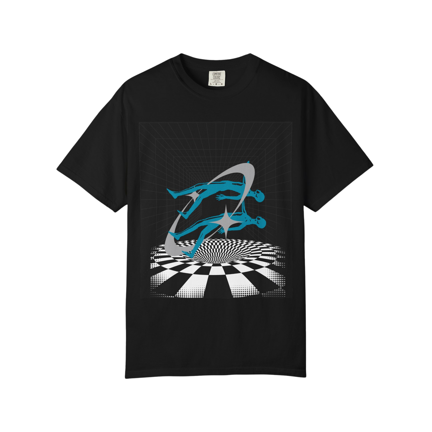 Black t-shirt with a blue and gray graphic design futuristic vibes trascending realities