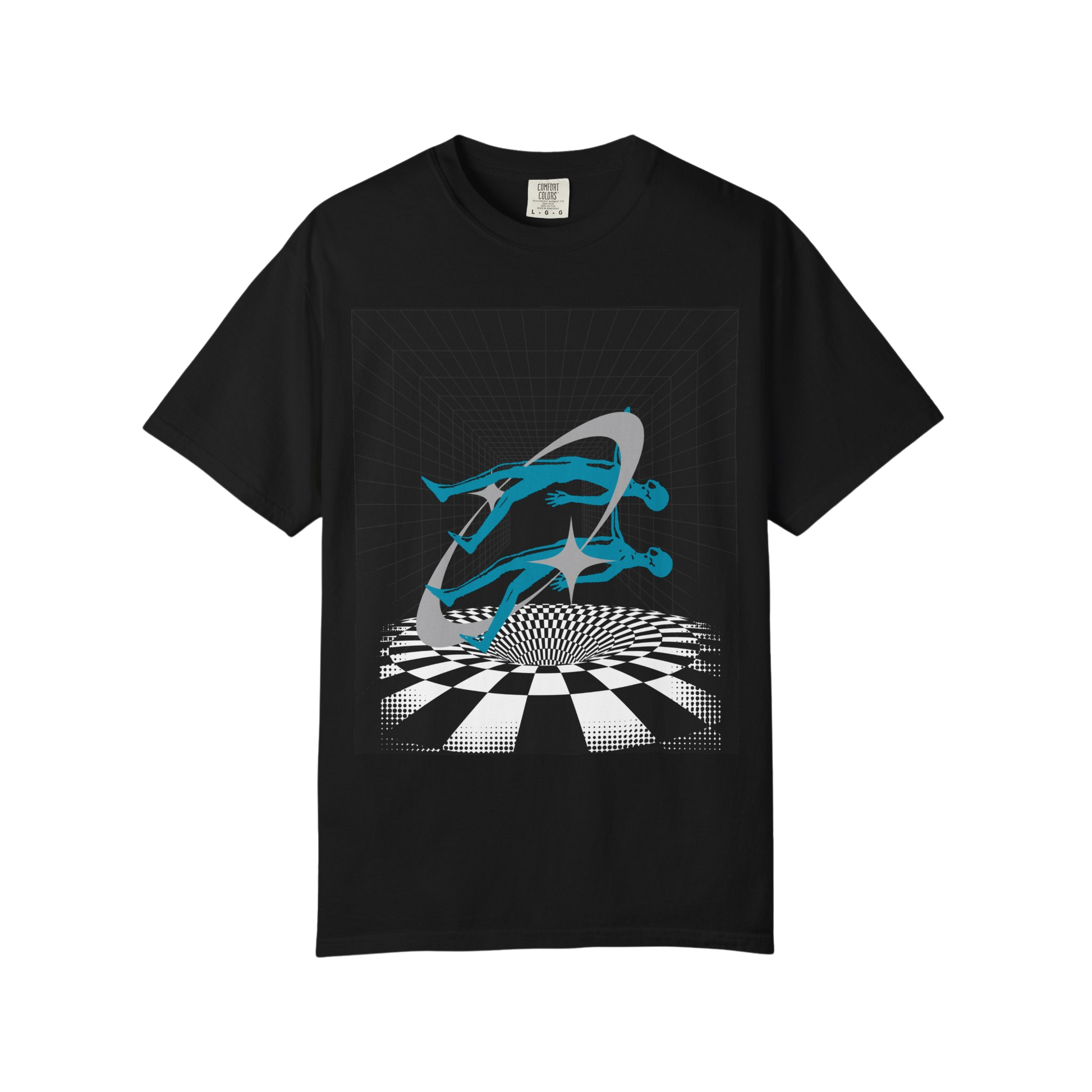 Black t-shirt with a blue and gray graphic design futuristic vibes trascending realities